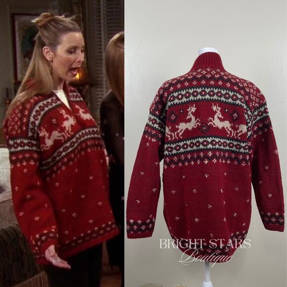 Rare Vintage Reindeer Holiday Sweater ASO Phoebe Buffay Friends Oversize Knit - Picture 4 of 13